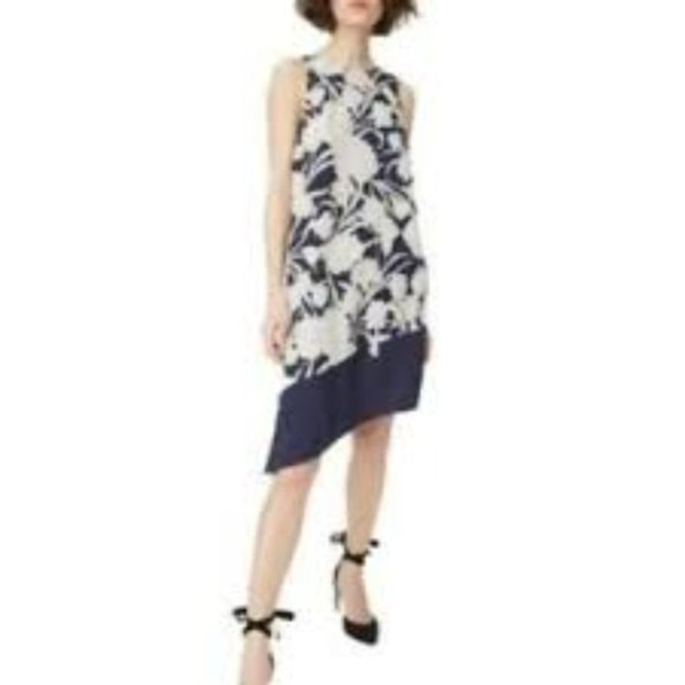 CLUB MONACO NAVY GREY FLORAL SILK BLEND SLEEVELESS ASYMMETRICAL DRESS - 2